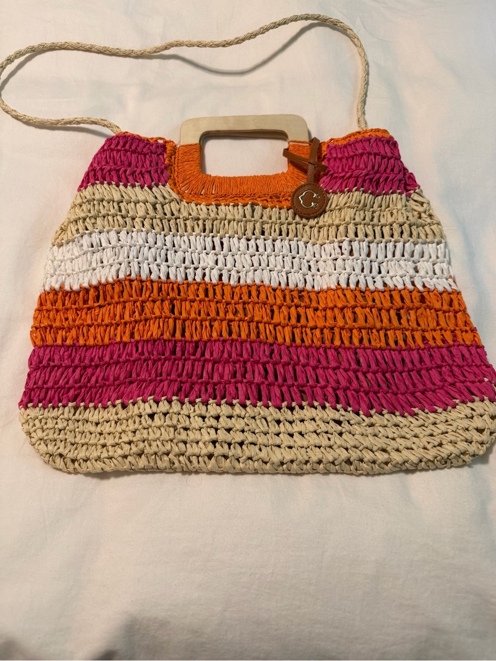 Striped Crochet/straw Tote with Wooden Handles in Pink, Orange & Cream